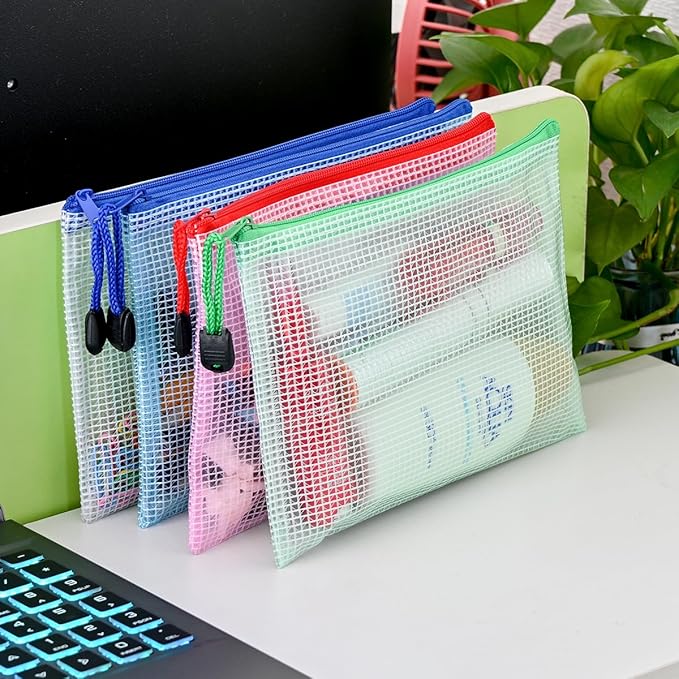 AUSTARK 10 Pcs Zipper File Bags, Waterproof Plastic Mesh Pouch for Office School, Board Game Storage Bags (B6 Size 7.6''x5.3'', Multicolored)