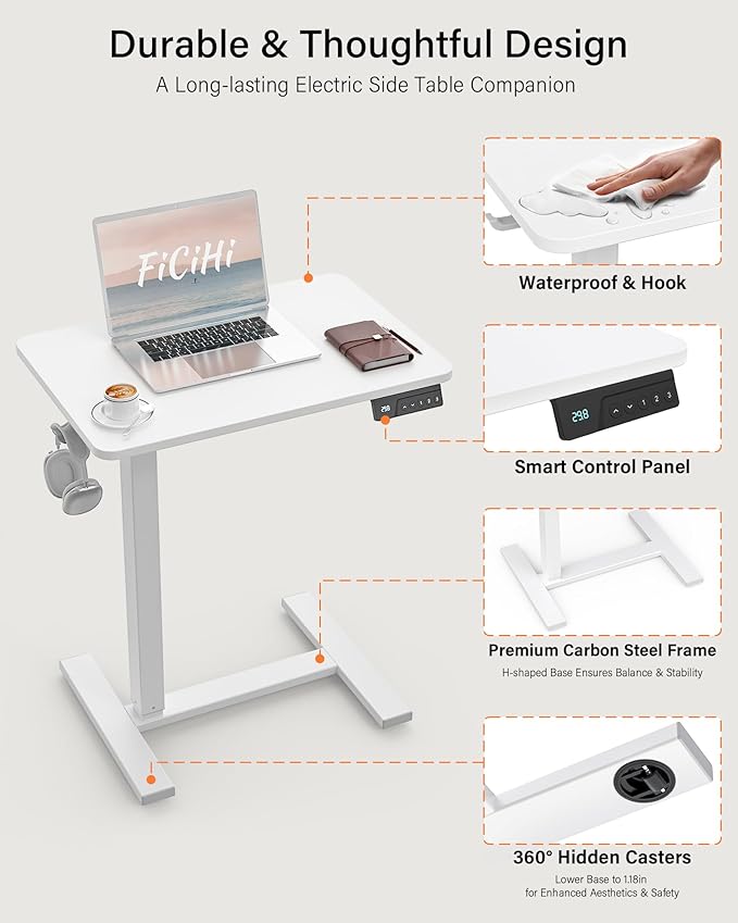 Mobile Standing Desk with Wheels - Electric Height Adjustable Small Movable Laptop Desk, Portable Rolling Computer Workstation Sit Stand Table for Home Office, Sofa & Bedside Use (23.6", White)