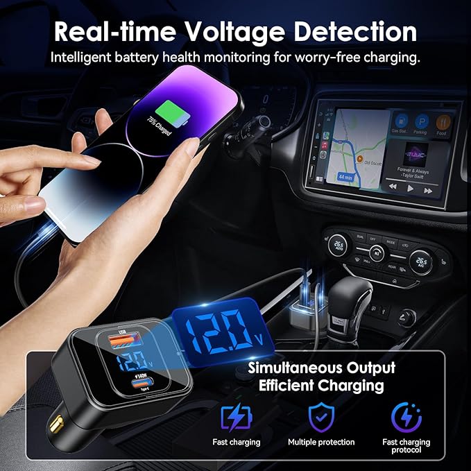 170W PD3.1 Car Charger with LED Voltage Display, USB-C Cigarette Lighter Adapter Fast Charging (140W+30W) for iPhone 16 Pro Max/Samsung S25 Ultra/MacBook/Drones/Laptops, 12V-24V Vehicle