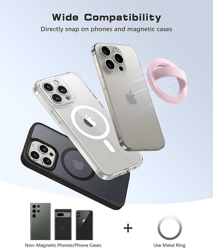 Magnetic Phone Grip, Removable Loop Grip with Soft Finger Strap, Silicone Phone Ring Holder for Back of Phone for iPhone 16/15/14/13/12 Pro Max/Plus, Chalk Pink
