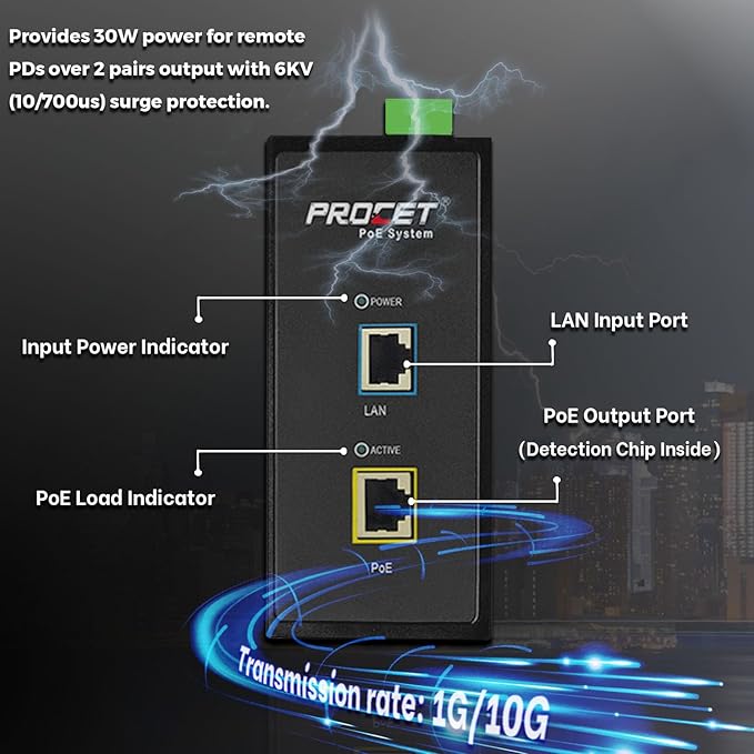PROCET 10 Gbps Gigabit PoE+ Injector Din Rail, 30W Industrial PoE Adapter with Wide Temp -40°F to 149°F, 6KV Surge Protection, AC/DC Input, IEEE802.3af/802.3at, PT-PSE105G-AC-10