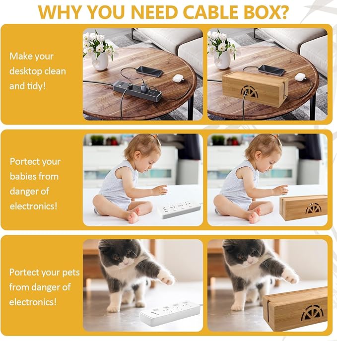 Bamboo Cable Management Box,Extra Large Cord Organizer Box,Power Strips Hider,Plug Strip Cord Box,Outlet Holder,Cords Concealer,Wires Covers,Desk & Floor Tidy Solution (Straight lid)