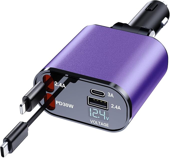 Retractable Car Phone Charger, 4 in 1 Fast Charge Car Phone Charger with 2 Retractable Cables(2.6ft) and 2 USB Ports, Compatible with iPhone15/14/15 Pro Max,Samsung (Purple)