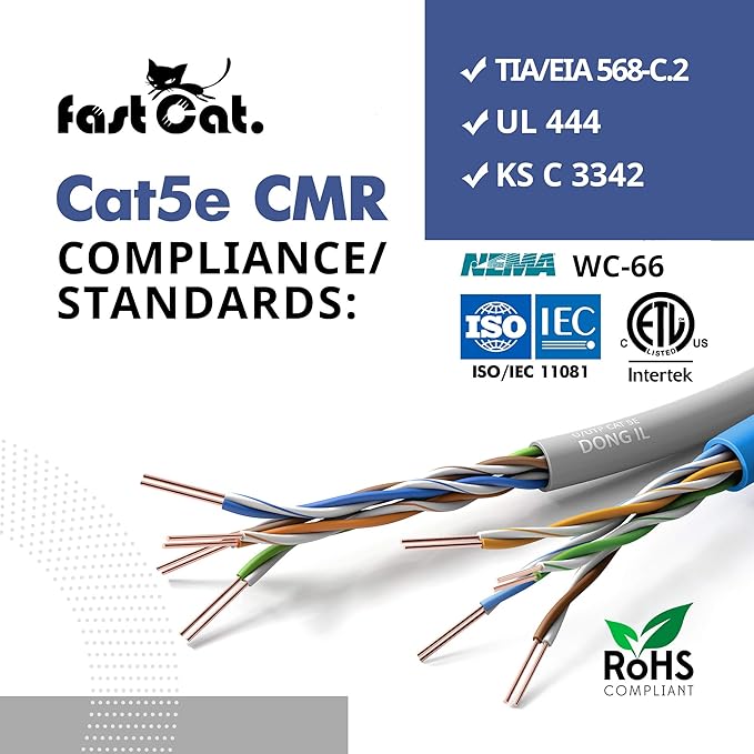 fast Cat. Cat5e Ethernet Cable 1000ft - 24 AWG, CMR, Insulated Bare Copper Wire Cat 5 ethernet Cable with FastReel - 350MHZ / Gigabit Speed UTP Cable Cat5e - CMR (Black)