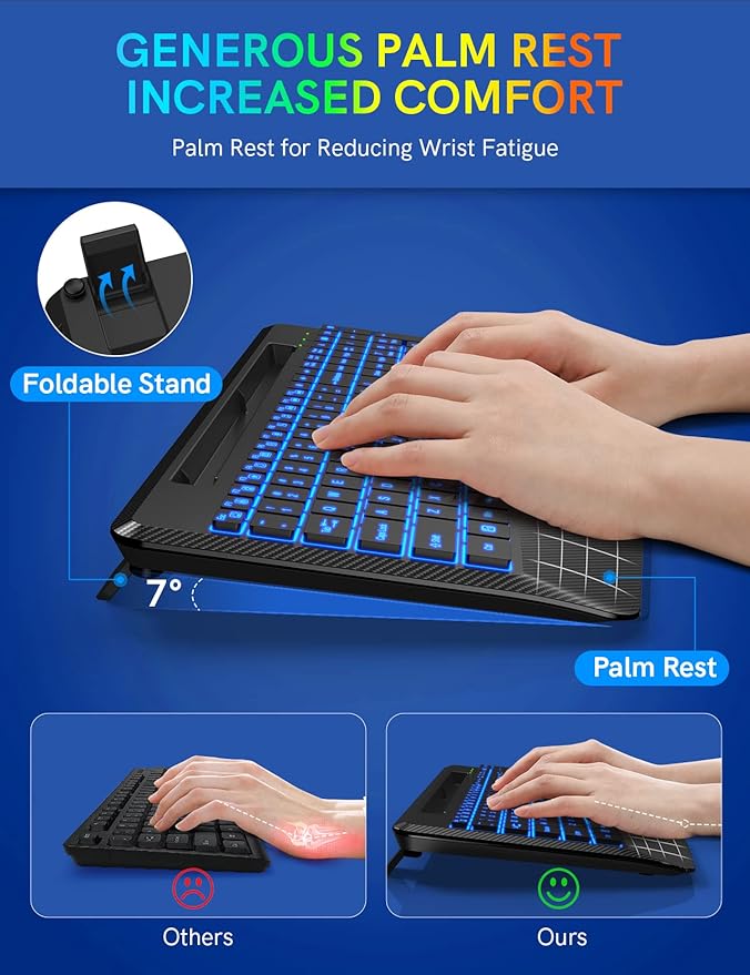 Wireless Keyboard with 7 Colored Backlits, Wrist Rest, Phone Holder, Rechargeable Ergonomic Computer Keyboard with Silent Keys, Full Size Lighted Keyboard for Windows, MacBook, PC, Laptop (Black)