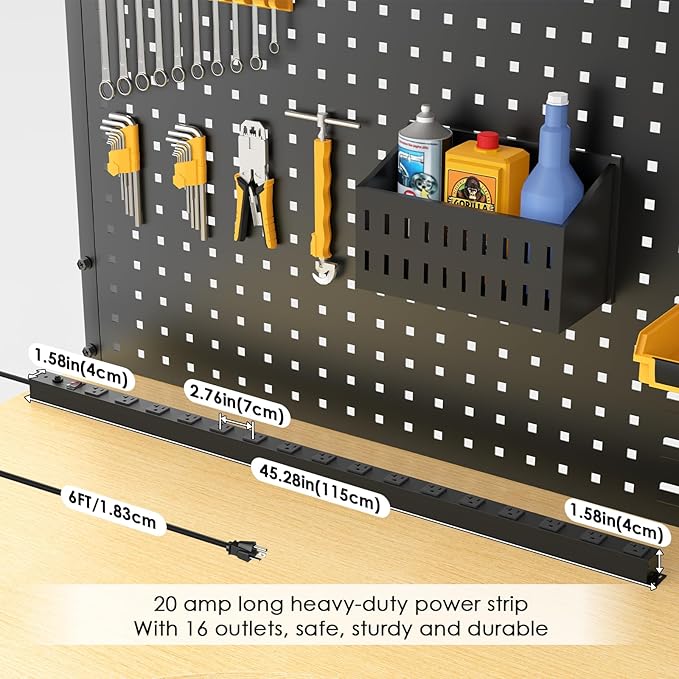 JUNNUJ Long Metal 16 Outlet Power Strip,Wide Spaced Garage Industrial Heavy Duty Power Strip,Surge Protection 4800J,Wall Mount Screws Outlet with Switch 5-15P High Amp 6-20R T-Slot (Black, 6FT)