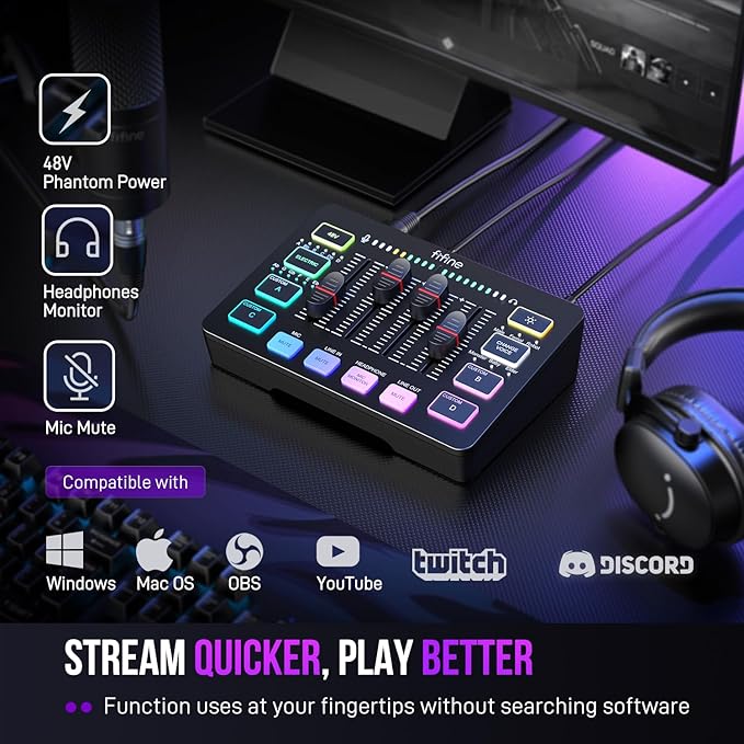 FIFINE Gaming Audio Mixer, Streaming RGB PC Mixer with XLR Microphone Interface, Individual Control, Volume Fader, Mute Button, 48V Phantom Power, for Podcast/Recording/Vocal/Game Voice-AmpliGame SC3