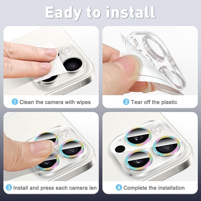LucBuy 3PCS Sparkling Camera Lens Protector for iPhone 14/iPhone 14 Plus, Full Clear Acrylic Cover with Shiny Colorful Glitter Designed Decoration Back Camera Protector