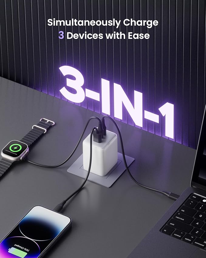 100W USB C Charger Block, 3-Port Compact Foldable Power Adapter USB Wall Charger for MacBook Pro/Air, Dell XPS, iPad Pro, iPhone Series, Galaxy S25/S24, and More