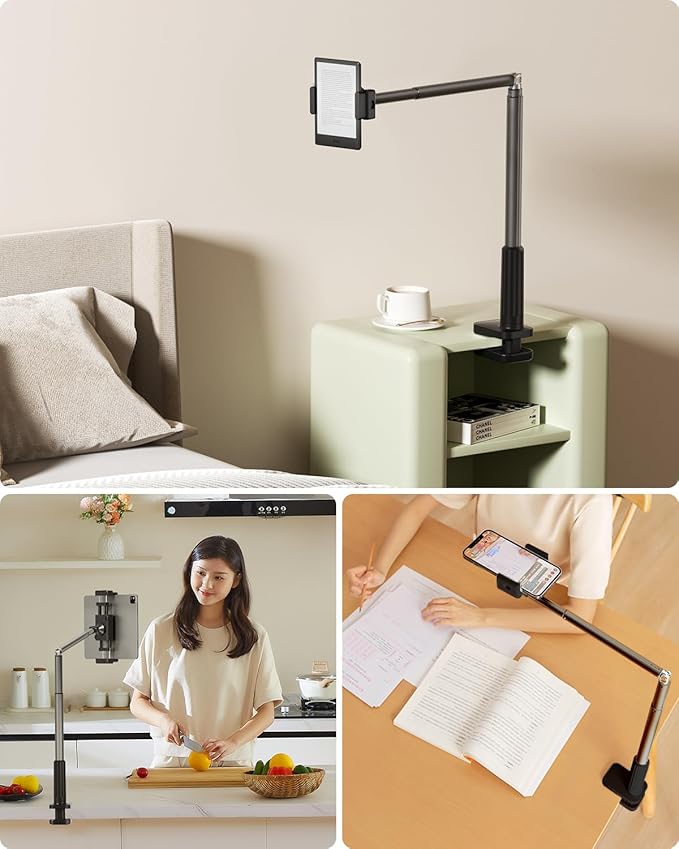 Viozon Tablet Holder Stand, Phone/Kindle Holder with Flexible Aluminum Alloy Long Arm, C Clamp for Headboard Bedside&Table, Compatible with 3.5-11" iPad,Kindle, iPhone 15 14 Plus/Pro Max,B
