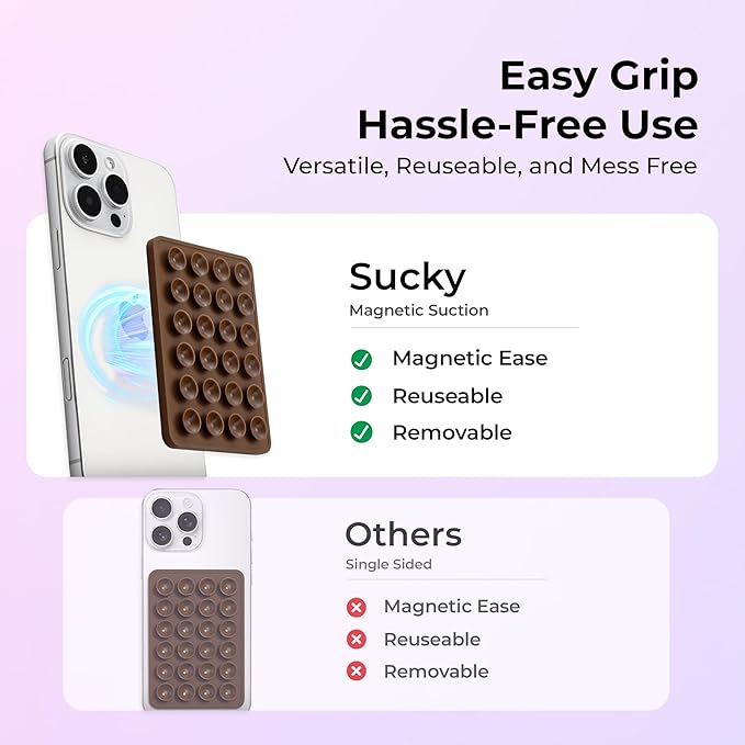 Sucky Upgraded Magnetic Suction Cell Phone Grip for MagSafe Case, Silicone Octo Cup Buddy Holder, Durable Magnet Phone Accessory for iPhone and Android (Hot Pink)