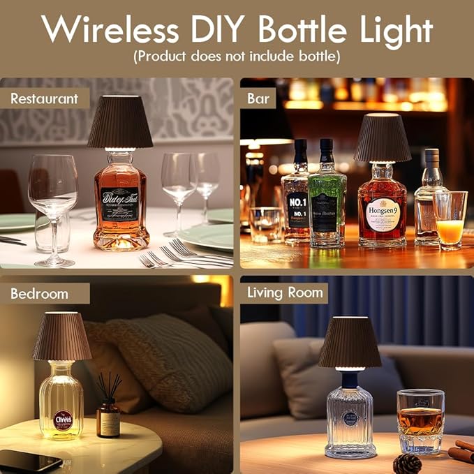 WILIT 2 Pack Wine Wirelss Bottle Lamp, 3-Level Brightness Cordless Table Lamp Shades, Rechargeable Battery Operated for Bedroom, Living Room, Kitchen Counter, Women Gifts for Her