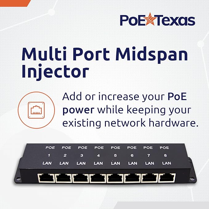 PoE Texas 8 Port Injector - 10/100 Passive Power Over Ethernet With 48V 60W UL Power Supply - 802.3af for VoIP Phones, WiFi Access Points, IP Cameras - Add to A Non-PoE Switch