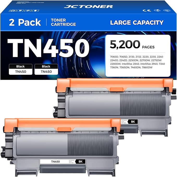 TN450 Black Toner Cartridge 2-Pack Replacement Compatible for Brother TN-450 TN420 TN-420 HL-2270DW HL-2280DW HL-2230 MFC-7360N MFC-7860DW DCP-7065DN Intellifax 2840 2940 MFC-7240 HL-2240D Printer Ink