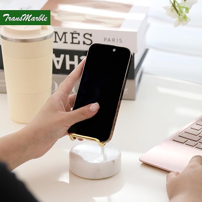 Marble Phone Stand with Metal Holder, Charging Available While Using, Swipe Up to Unlock, Made of Natural Marble as Business Card Holder for Office Desk (Starry White + Gold)