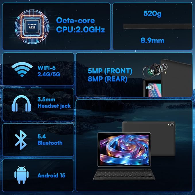 2025 Latest Upgraded Android 15 Tablet 10 Inch, 24GB+128GB+1TB Expand, WiFi 6 BT 5.4, Type-C Fast Charging, Dual Camera, Widevine L1 HD IPS Screen with Keyboard