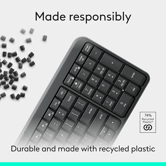 Logitech K250 Bluetooth Keyboard with Numpad, Easy Connectivity, Compact Wireless Keyboard Made with Recycled Plastic, Spill-Resistant, Comfortable Keys - Windows/MacOS - Graphite