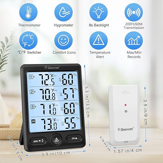 Geevon Indoor Outdoor Thermometer Wireless 3 Remote Sensors, 5-Inch Display Digital Hygrometer Thermometer Temperature Humidity Monitor with 8S Backlight, Battery-Powered (Black)