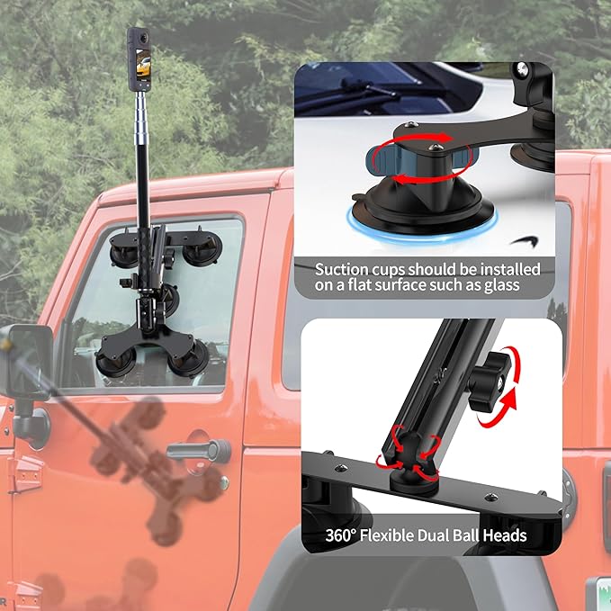 Suction Car Mount for Insta360 x5/X4/X3/X2/GO 3/ONE/GoPro Max-59 Lockable Anti-Fall Selfie Stick with 5 Suction Cups, 3-Person Car Camera Mount for 360° Action Vlog Cameras, DSLR (Indoor & Outdoor)