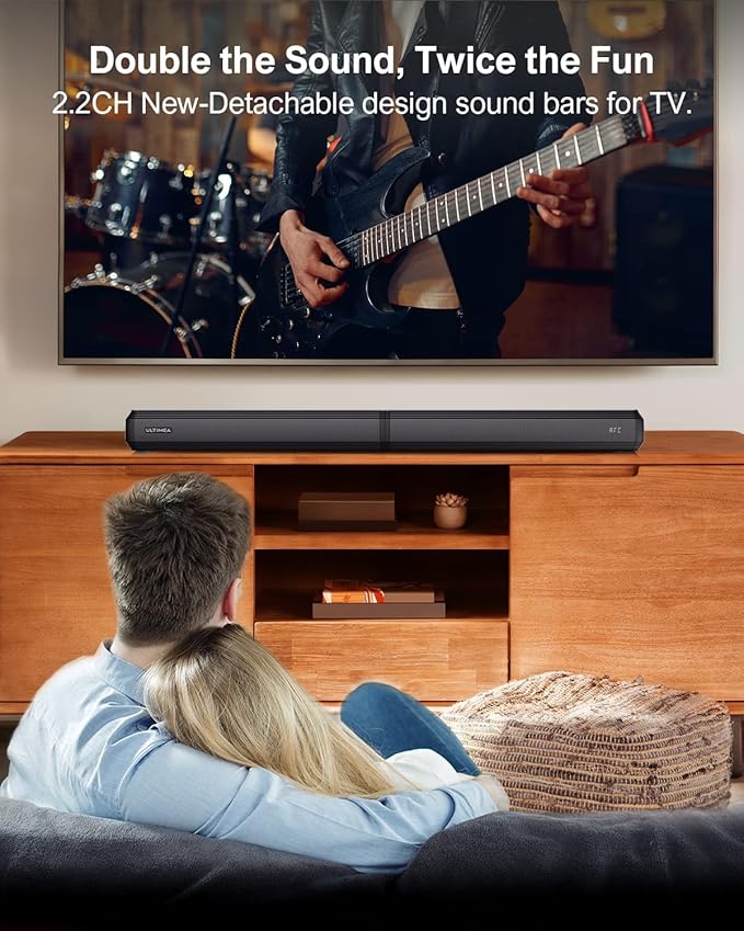 ULTIMEA 2.2ch Sound Bar for TV, Peak Power 100W, 2-in-1 Detachable Bluetooth 5.3 Soundbar for TV, 3 EQ Modes, Bass Adjustable for TV Speakers, App, ARC/Optical/Aux/Wall Mount, Apollo S40