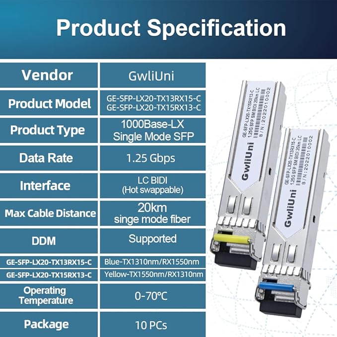 5 Pairs 1.25G BIDI SFP Single Mode Fiber Module Network Transceiver, LX SM 1310nm 1550nm 20km, Simplex LC Interface for Switch, Router, Firewall, Network Card, Media Converter etc