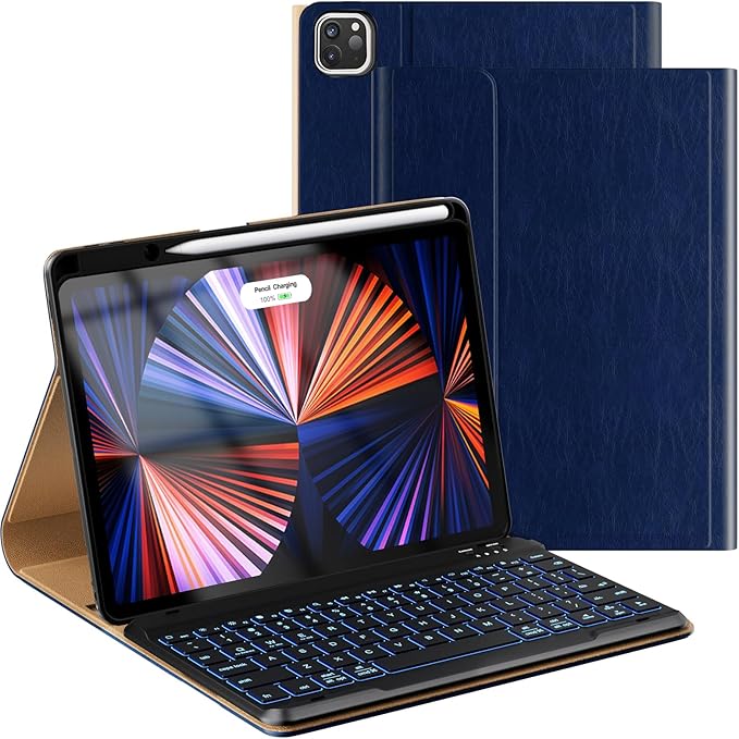 Leather Keyboard Case for iPad Air 5th 4th Generation 10.9 inch Pro 11 1st/2nd/3rd/4th, 7 Color Backlight BT Keyboard Folio with Pencil Holder 2022 2021 2020 2018 (NavyBlue)
