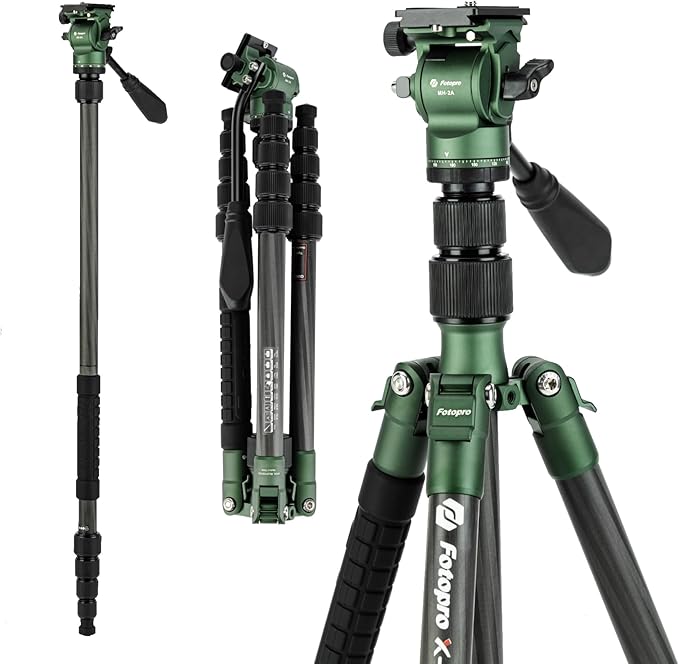 Fotopro 59" Carbon Fiber Travel Tripod, Compact Video Tripods with Fluid Head, Detachable Monopod with Quick Release Plate and Bag, Camera Tripod Load up to 8KG/17.63lbs, Green