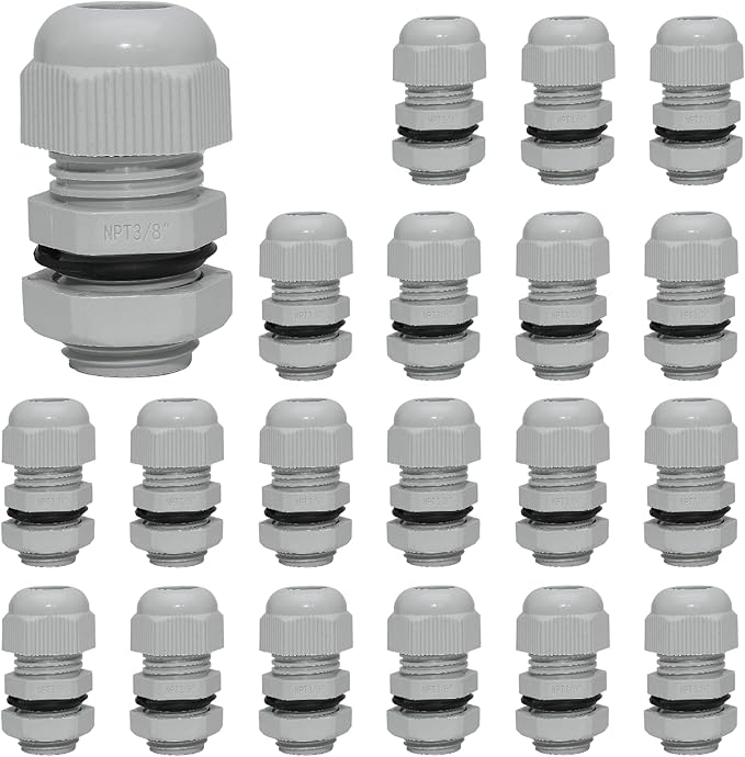 20 Pcs 3/8" NPT Nylon Cable Glands, IP68 Waterproof Adjustable Cord Grip Cable Connector Strain Relief Wire Protectors for 5-9mm Cable Diameter, Grey