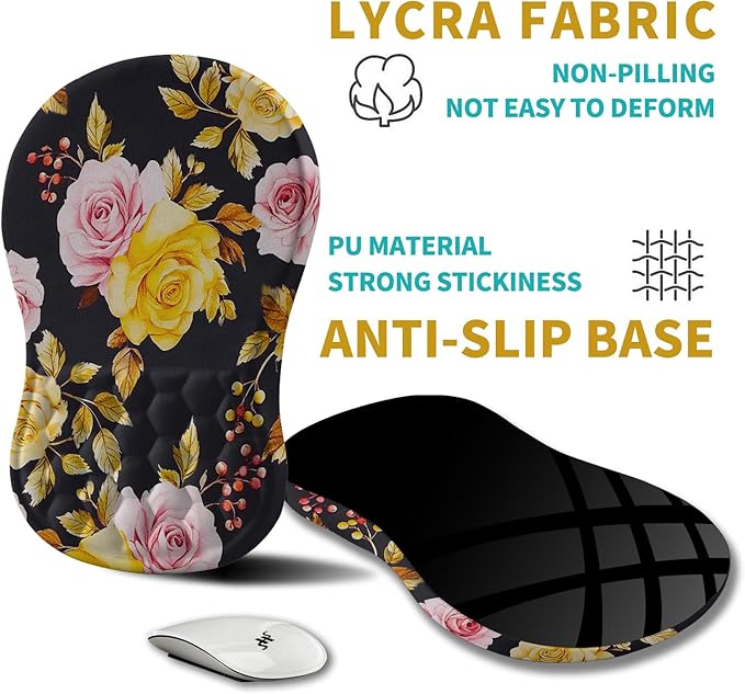 Hokafenle Ergonomic Mouse Pad Wrist Support, Wrist Rest Mousepad for Carpal Tunnel Pain Relief with Integrated Memory Foam Slope Massage Bulge (11.8x7.9 inch,Golden Powder Flower