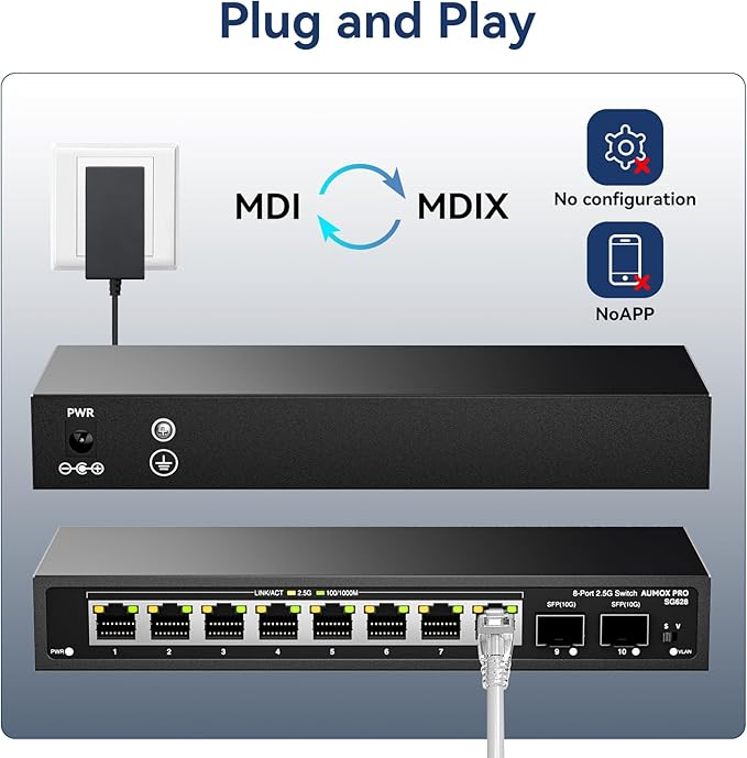 10 Port 2.5Gb Unmanaged Ethernet Switch with 8* 2.5G Base-T Ports, 2*10G SFP Ports, AUMOX PRO 80 Gbps Vlan Switching Capacity Compatible with 100/1000/2500Mbps Plug and Play