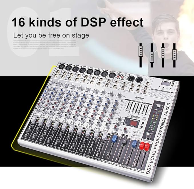 G-MARK GMX1200 DJ Mixer 12 Channel Professional Audio Mixer USB Mixing Console Music Studio 8 Mono 4 Stereo 7 Band EQ 16 Effect Podcast Streaming Audio Interface