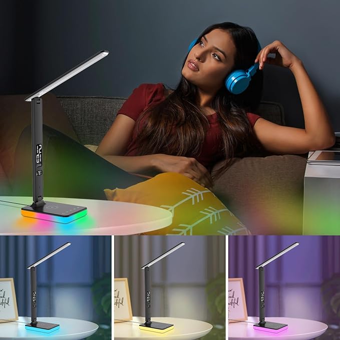 LED Desk Lamp for Home Office, USB Charging Port, Reading Lamp Desk Light with 5 Brightness, 3 Colors, Table Lamp with Clock, Alarm, Date, Temperature, Desk Lamp for College Dorm Room (Black)