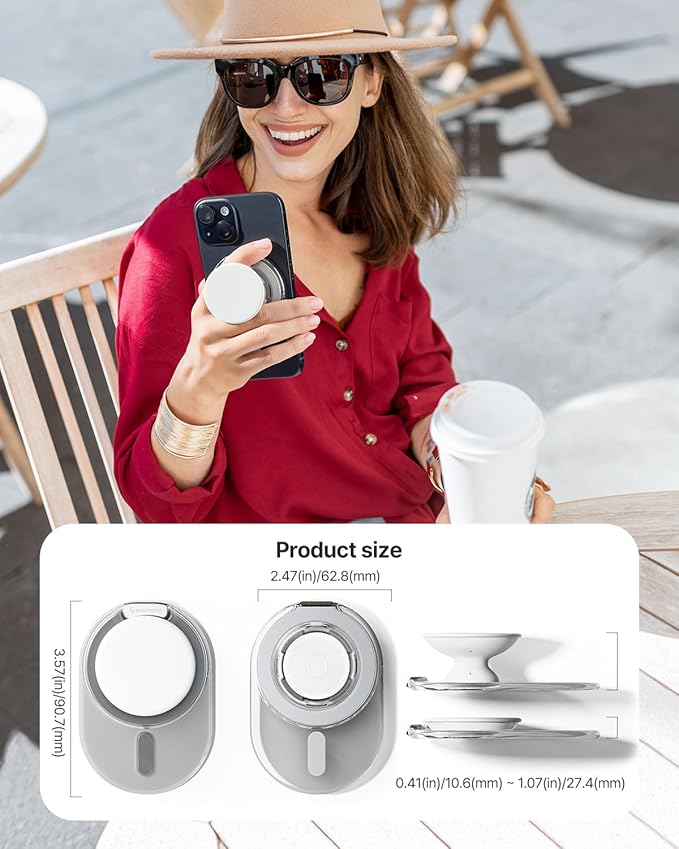 Sinjimoru Phone Grip Stand, Compatible with MagSafe, Adaptor Ring Included, 3000G Kickstand for iPhone 16/15/14/13/12. M-Tap Tok Stand Clear White