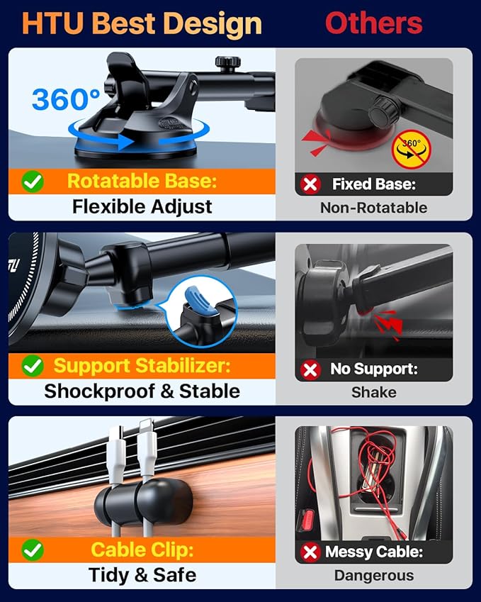 HTU for MagSafe Car Phone Mount Magnetic Phone Holder for Windshield Vent Dashboard Magnetic Suction Phone Mount for iPhone 16/15/14/13/12 & Android (Black)