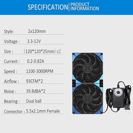 240mm Adjustable Computer PC Vent Fan 3-12V Speed Controller for Chicken Coop Rack Space Window Wall Cabinet Server Mining Rig Exhaust Cooling