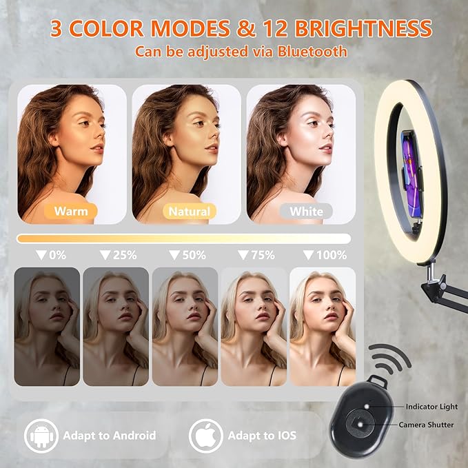 Overhead Phone Mount with Ring Light, 10’’ LED Selfie Light for Desk,with Stand and Phone Holder for iPhone and Camera,Overhead Tripod for Video Recording, Live Streaming, Zoom Meeting