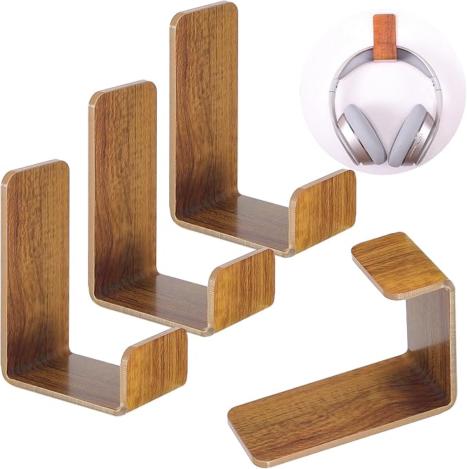 Weewooday 4 Pieces Headphone Hanger Holder Desk Adhesive Headphone Hook Wall Mount Headset Stand Acrylic Holder with Glues for General Purpose Game Earphone(Wood Grain Color)
