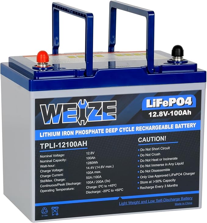 WEIZE 12V 100Ah Mini LiFePO4 Battery, Built-in 100A Smart BMS, Deep Cycle Lithium Iron Phosphate Battery Perfect for RV, Solar, Marine, Trolling Motor, Off Grid Applications, Backup Sump Pump