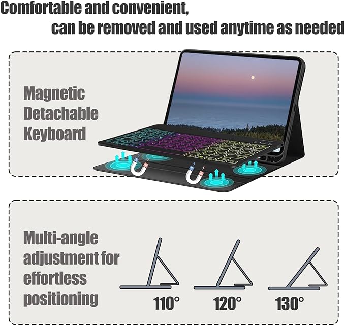 Keyboard Case for Samsung Galaxy Tab S10 FE / S9 FE 10.9 inch/Tab S9 / S8 / S7 11 inch - with 3 Color Backlit Mouse Detachable Keyboard Case