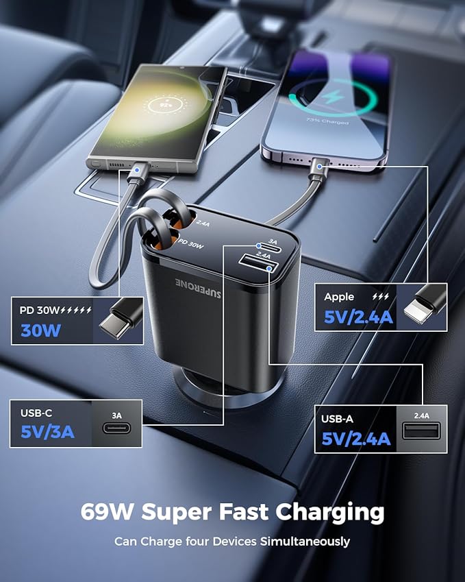 [2025 Upgraded] Retractable Car Charger, SUPERONE 69W Car Phone Charger with Cables Fast Charging, USB C Car Charger Adapter for iPhone 16 15 14 13 12, Samsung, Black
