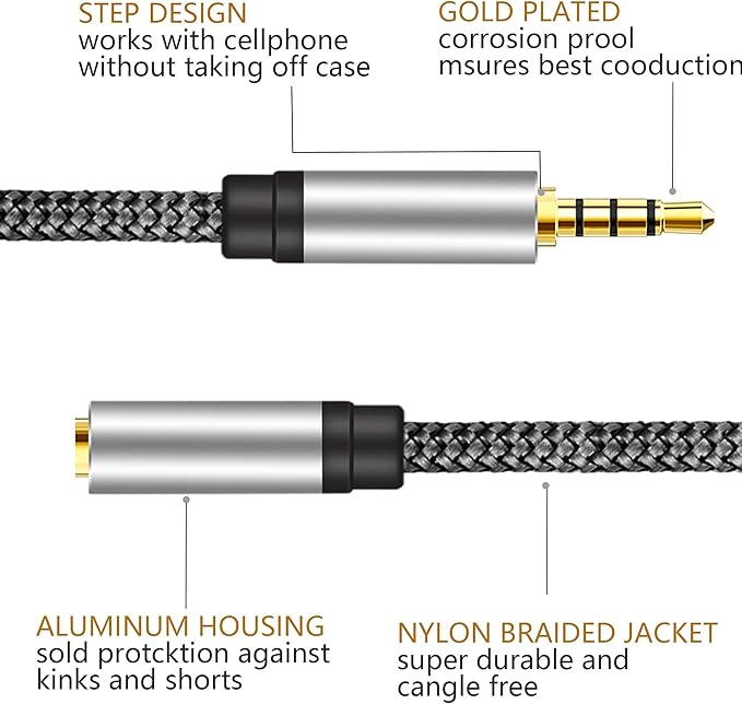 Male to Female Audio Cable 3Ft,Tan QY Male to Female for Phone Headphone Conversion Cord 3.5mm 4 Pole Audio Adapter for Tablet/PC/ PS4 and More (3Ft, Silver)