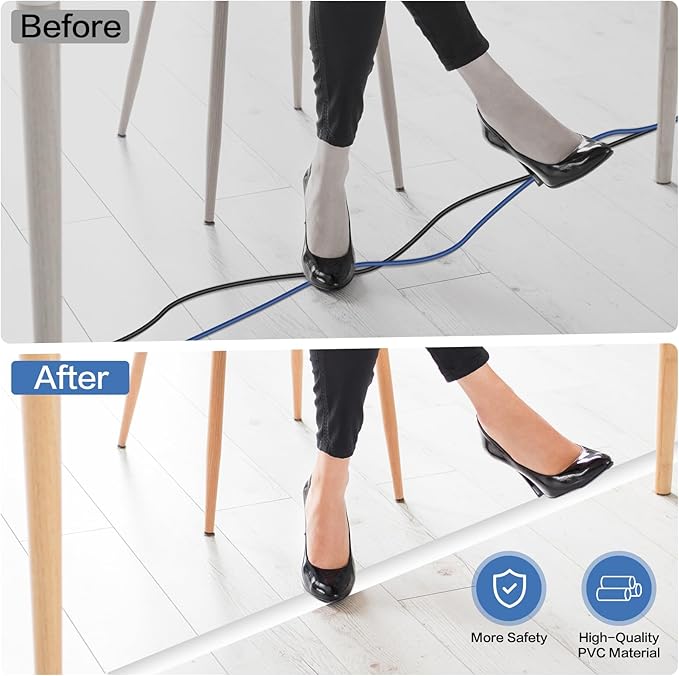 Floor Cord Cover Self Adhesive Cord Hider Floor Extension Cord Covers for Floor Power Cord Protector Cable Management Prevent Cable Trips Cable Cavity 0.32" W x 0.32" H (White, 10Ft)