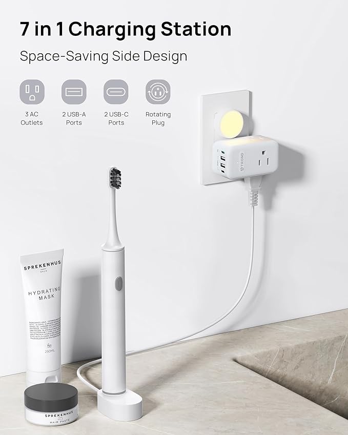 TROND Outlet Extender with 360 Rotating Plug, 3 AC Outlet Splitter with PD 20W USB C Charger, USB Wall Plug Adapter, A Small Charging Station for Kitchen Bathroom Cruise Ship Travel Essentials