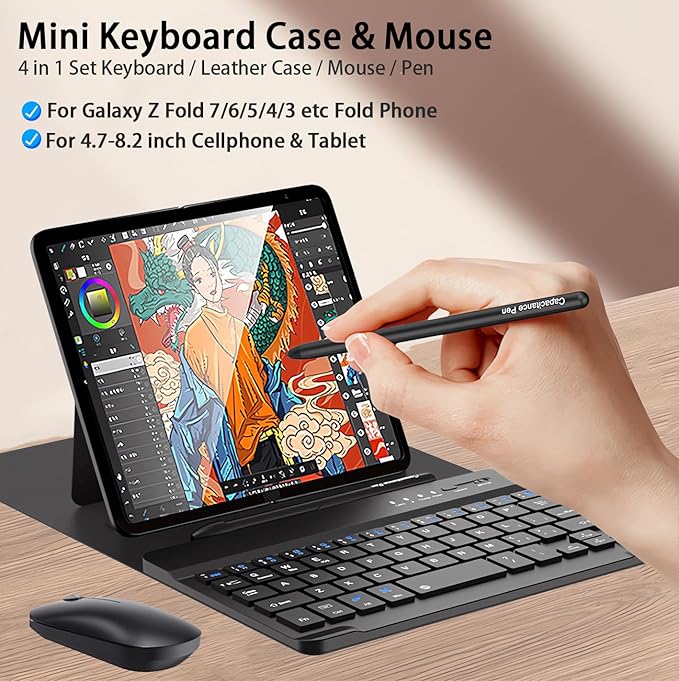 for Samsung Galaxy Z Fold 7 6 5 Keyboard and Mouse, Portable Mini 7.9 inch Bluetooth Keyboard with Leather Stand Case and Pen, 4 in 1 Travel Set for Z Fold7 6 Accessories,Black
