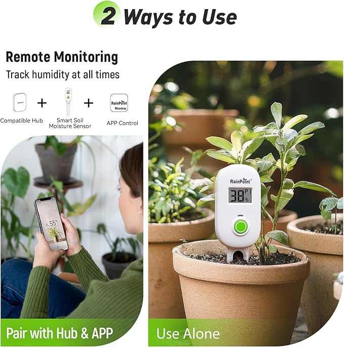 RAINPOINT Smart Digital Wireless Plant Moisture Meter Houseplant Indoor,WiFi Hub Needed,Capacitive Probe,Leave-in Soil Hygrometer Sensor,Real-time Monitor Outdoor Greenhouse Gardening(Two-Pack Set)