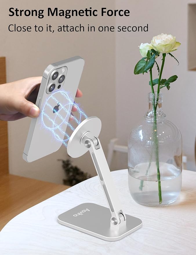 Magnetic Phone Stand for MagSafe Adjustable - Aluminum Portable Phone Holder for Desk with 360° Rotating Head Compatible with iPhone 16/15/14/13/12 Pro Max and Magnetic Phone Case, Silver