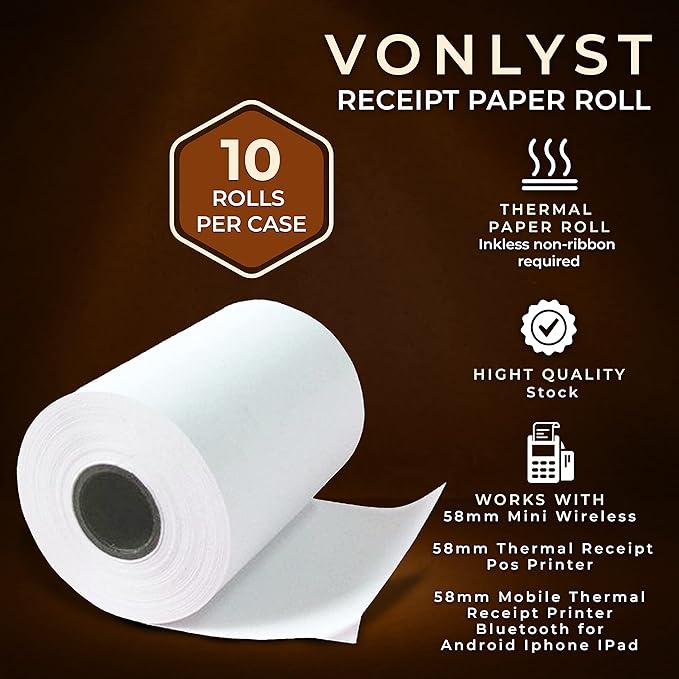Receipt Paper Roll for 58mm Mobile Portable Thermal Printer (Pack 10 rolls)