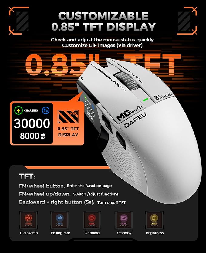 DAREU A980PROMAX Wireless Gaming Mouse-4K/8K Polling-30K DPI Optical Sensor-0.85' TFT Color Display-Magnesium Alloy Buttons-2.4G Wireless/BT/USB Connectivity-Nano Receiver Included