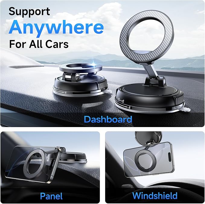 Car Phone Holder for Magsafe [78+LBS Strongest Suction & 2400gf Strongest Magnetic] 360° Adjustable Car Phone Mount, Phone Holders for Your Car for iPhone 16 Pro Max 15 14 13 12 Plus (Carbon Fiber)