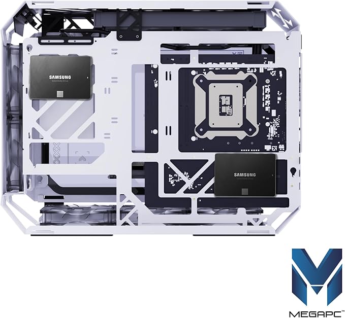 MegaPC X-Era Open-Frame Mid-Tower Micro-ATX/Mini-ITX Gaming Case – Tempered Glass Panels, High Airflow, ARGB Lighting, USB-C Port (Black/White/Print Stream, with Fans Only)
